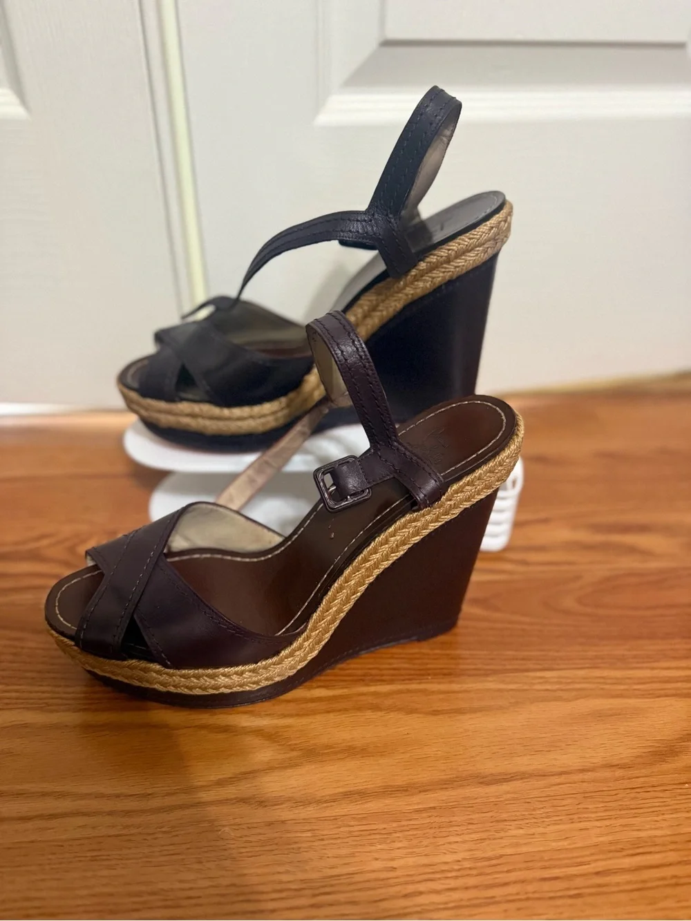 Christian Louboutin Dark Brown Leather Wedge Sandals with Rope Trim